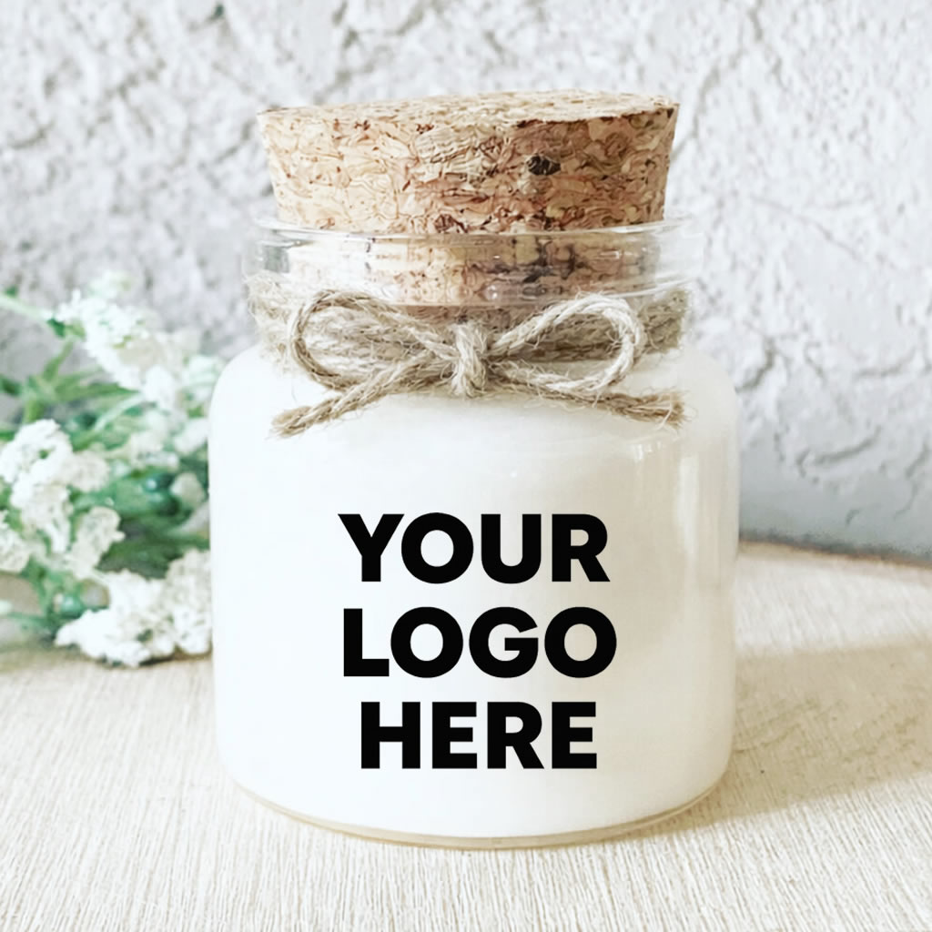 Personalised scented candle with transparent logo for client and corporate gifts