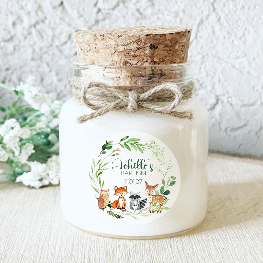 Personalised baptism mini candle woodland animals guest favour