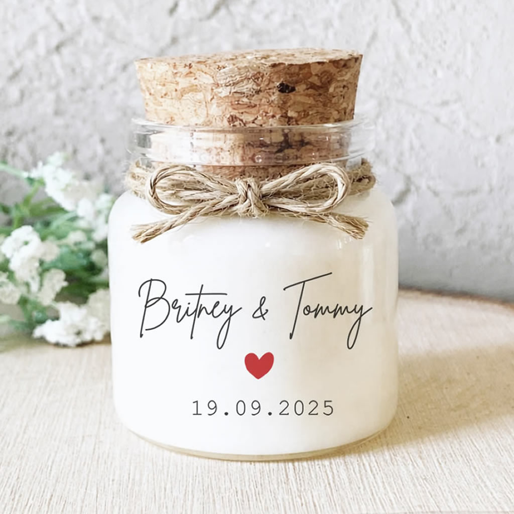 Personalised romantic mini candle wedding guest favour