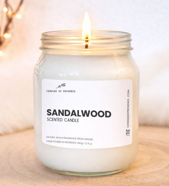 Large Sandalwood scented candle hand-poured in Provence in glass jar