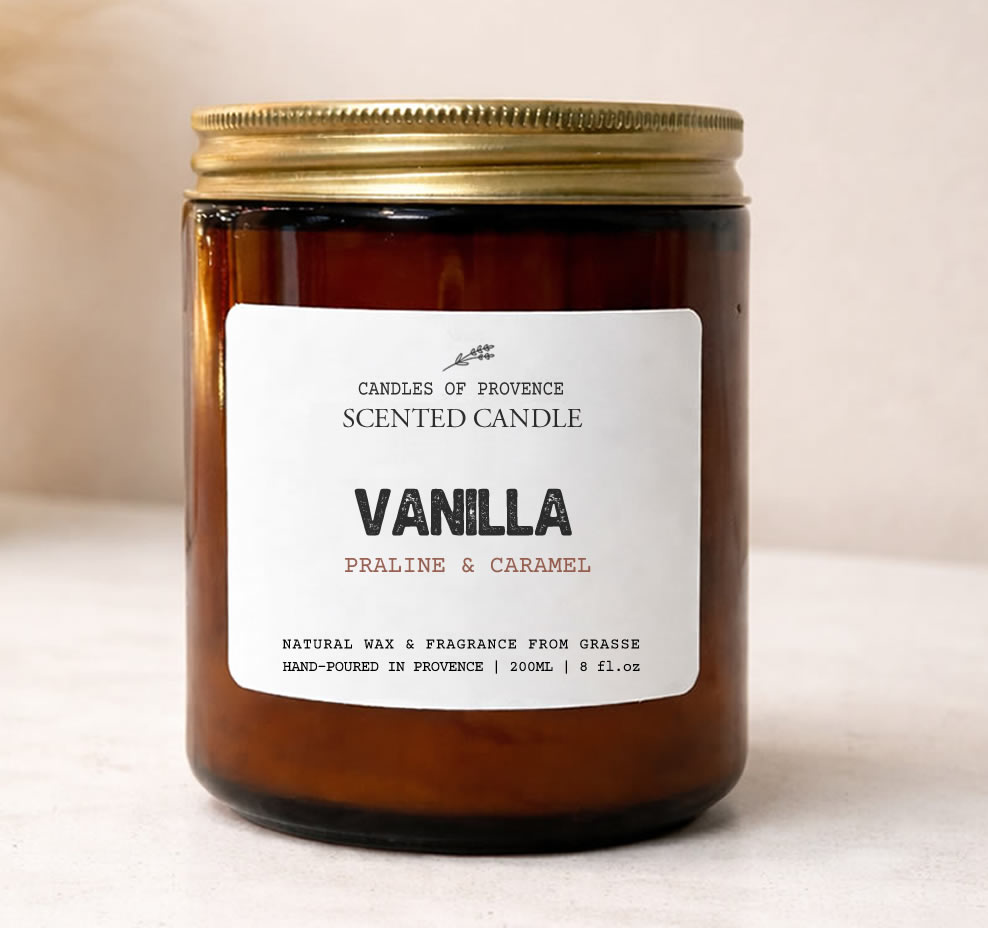 Hand-poured Vanilla scented candle in amber apothecary jar made with natural soy wax.